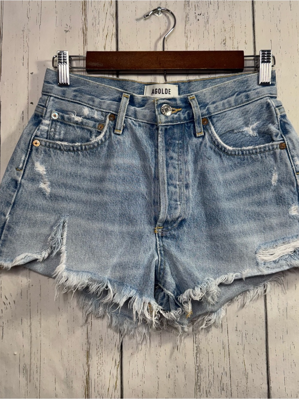 Agolde Parker Distressed Denim Shorts 23 Button Fly Light Wash Cutoff Festival - Picture 1 of 16